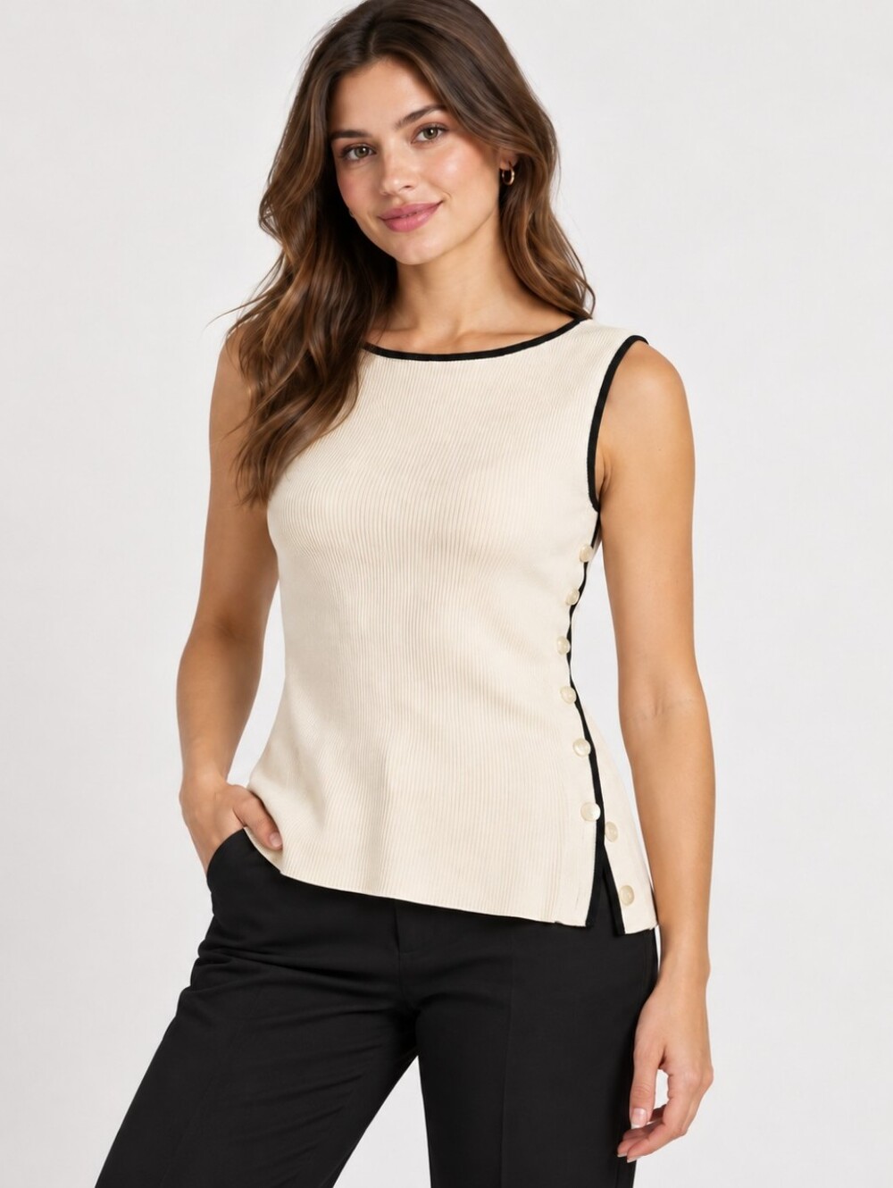 Abercrombie & Fitch Women’s Size L Ivory Ribbed Sleeveless Button Side Top